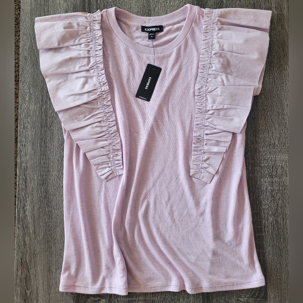 NWT Express Skimming Linen-Blend Crew Neck Flutter Sleeve Tee - Lavender - Picture 2 of 4